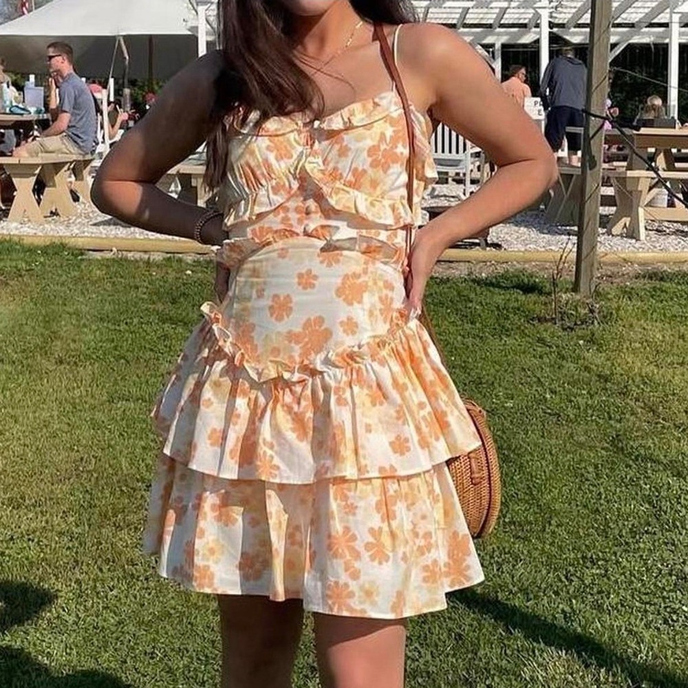 Sabo Skirt‎ Selma Cami Ruffle Tiered Dress Size S White Orange Yellow Floral